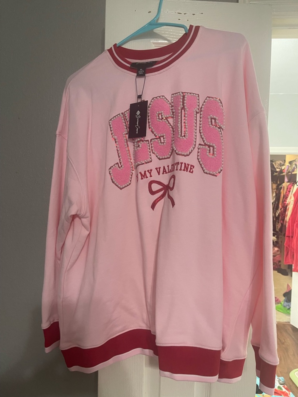 Brianna Cannon Pink "JESUS My Valentine" Embellished Sweatshirt